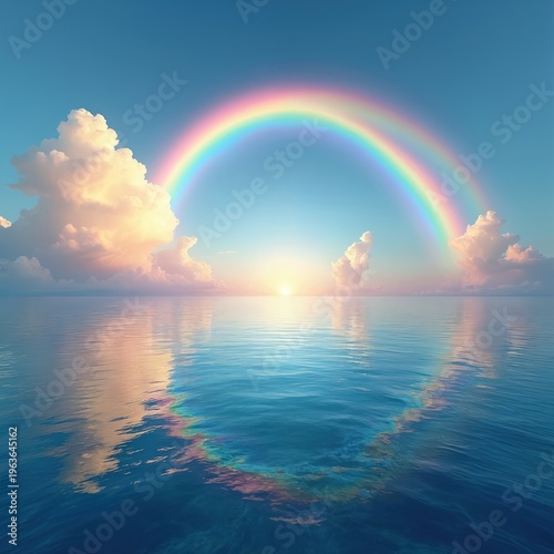 Vibrant rainbow arches over calm ocean at sunrise. Soft pastel clouds reflect on water surface. Serene blue sky above. Hopeful hopeful nature scene.