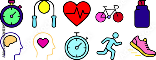 fitness and health icon set with stopwatch jump rope heart bicycle water bottle brain running shoe and wellness exercise symbols vector illustration
