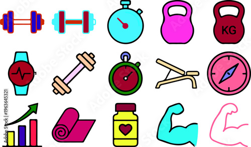Fitness and gym icon set with dumbbells kettle-bell stopwatch weights exercise mat supplements muscle strength and workout equipment vector illustration
