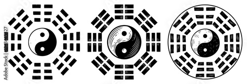 Set of bagua symbols with yin yang in engraving style vector illustration
