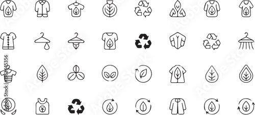 Eco friendly icons, sustainable fashion symbols, recycling signs, 30 eco icons set, vector graphics