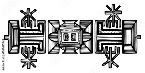 Vintage geometric totem ornament in bold black and white engraving