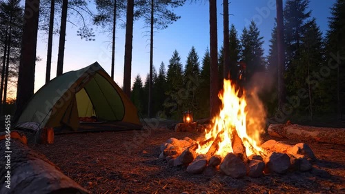 Camping in the woods at dusk.
