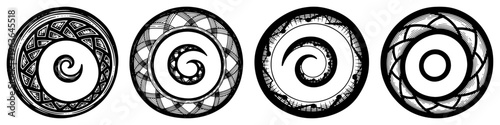 Hand drawn ink sketch set of circular spiral ornaments