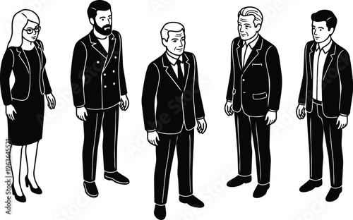 Line art five business people standing in suits with glasses and beard in monochrome landscape