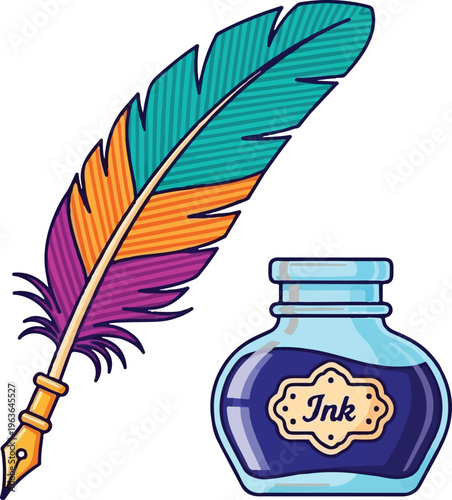 Feather Quill Pen and Ink Bottle Vintage Writing Tool Vector Illustration