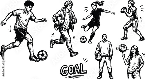 Line art soccer player dribbling with ball male and female athletes basketball football goal lettering black and white