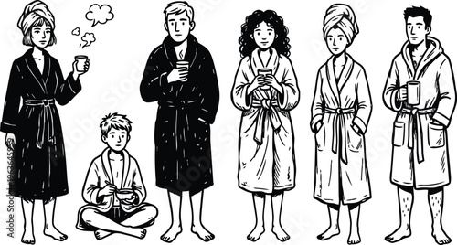 Line art black and white six people in bathrobes holding cups morning routine