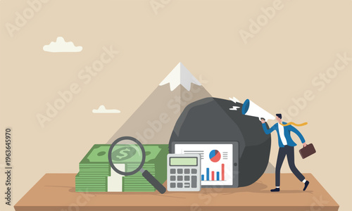 Tax, search for peak or financial report review concept, magnifying glass on pile of US Dollar banknotes money with calculator on graph and chart profit and loss report on wood table