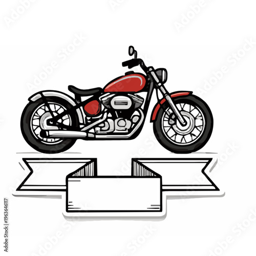 A classic motorcycle with a red body, placed on a sticker, with a place for text