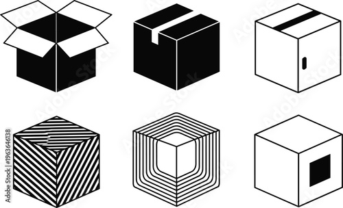 Collection of cardboard box silhouettes with open, closed and geometric cube styles, packaging and delivery icons isolated on white background