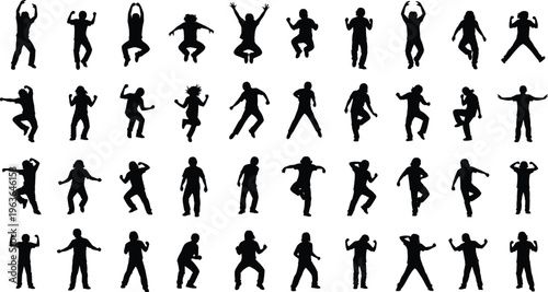 Collection of dancing people silhouettes in dynamic poses isolated on white background, energetic movement, party lifestyle, music celebration, human activity concept illustration