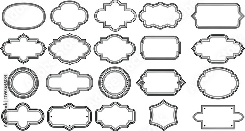 Collection of decorative vintage frames and label shapes in line art style, ornamental borders set isolated on white background for design templates