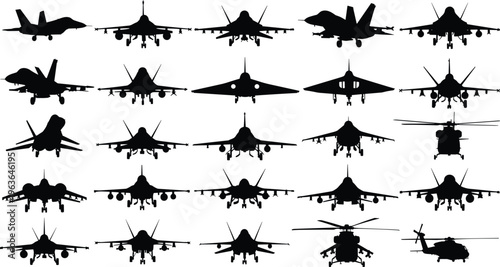 Collection of military aircraft front view silhouettes including fighter jets and helicopters, aviation defense set isolated on white background, combat air force illustration
