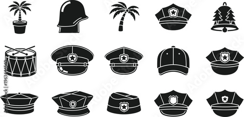 Set of police hats, helmets, drums, palm trees and bells silhouettes, collection of uniform accessories icons isolated on white background