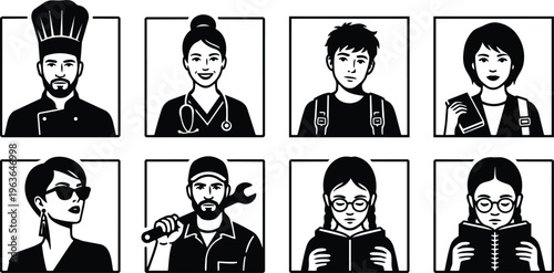 Line art black and white avatars set chef nurse student woman mechanic reader in square frames