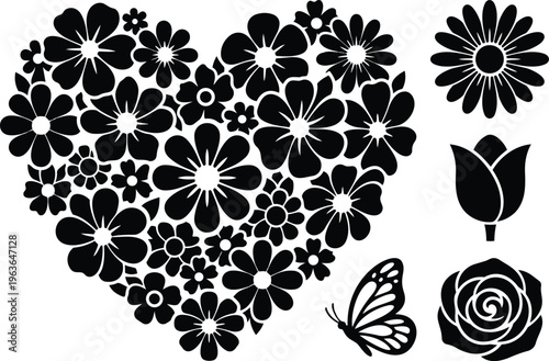 Floral heart made of black silhouette flowers with separate daisy tulip butterfly and rose icons flat design