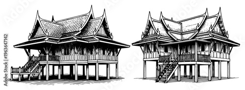 Traditional Thai wooden houses on stilts with ornate roofs in hand drawn style