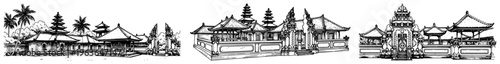 Ancient Balinese temple complex and traditional Indonesian Hindu gate illustrations