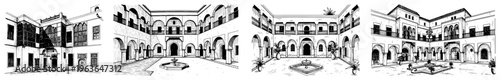 Set of hand drawn sketches featuring traditional Middle Eastern courtyard architecture with fountains