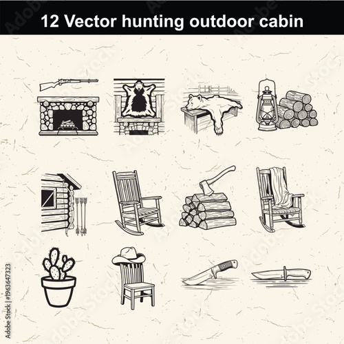 A collection of twelve black and white hand drawn vector illustrations for hunting and cabin life