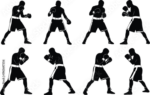 Boxer silhouette collection, boxing stances illustration, athlete training artwork, fighting poses vector, sports combat design, black boxing figure set
