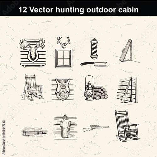 A collection of twelve hand-drawn vector illustrations depicting various outdoor hunting cabin items.
