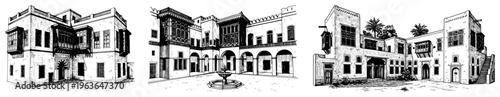 Detailed architectural drawings of traditional Arabic houses with inner courtyards and arched windows