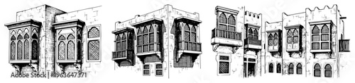 Collection of traditional Islamic mashrabiya wooden lattice windows and decorative balconies in sketch style