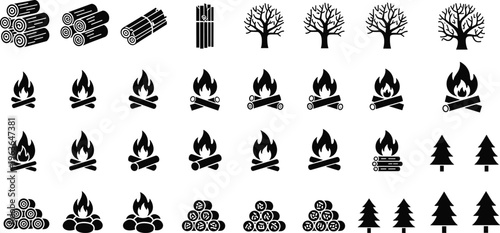 Camping icons collection, campfire silhouettes, stacked logs, pine trees, outdoor nature design, forest illustration, wood bundles, wilderness vector artwork set