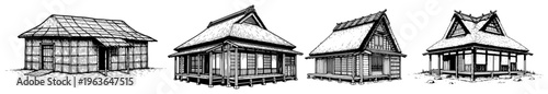 Set of black and white sketches of traditional Japanese houses with thatched roofs and wooden frames