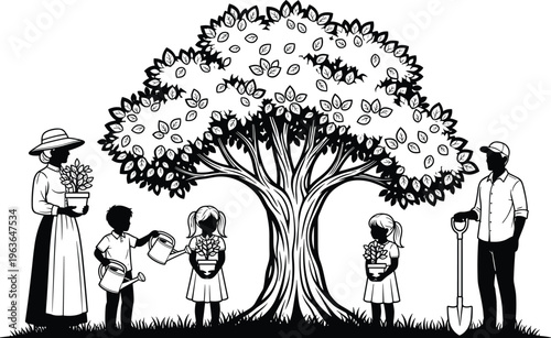 Family planting tree silhouette, gardening teamwork illustration, children watering plants, nature care artwork, environmental conservation vector, black-and-white eco design