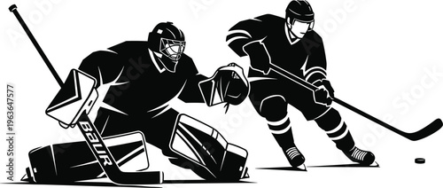 Ice hockey players illustration, goalie defense action, skater shooting puck, dynamic sports artwork, competitive game vector design