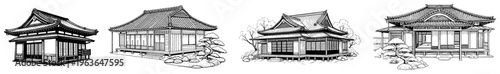 Hand drawn sketches of traditional Japanese houses and Zen garden pavilions in minimalist style