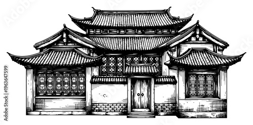 Ornate traditional Chinese building with multi-tiered tiled roof and decorative lattice windows