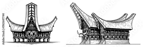 Hand drawn black and white illustration of traditional Indonesian Toraja houses with boat shaped roofs