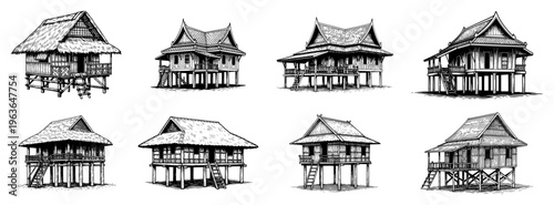 Set of hand drawn illustrations featuring various Southeast Asian wooden stilt houses