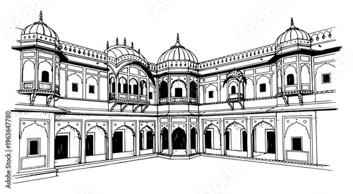 Detailed black and white architectural drawing of a traditional Indian palace courtyard with ornate arches