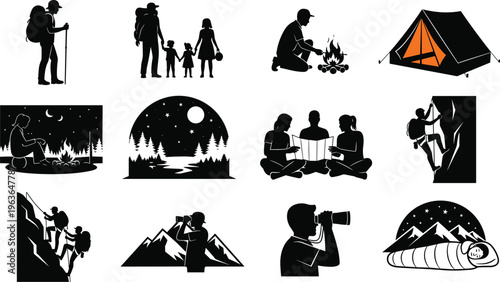 Outdoor camping silhouettes, hiking family adventure, tent campfire night, mountain climbing, stargazing, binoculars exploration, wilderness travel, nature landscape illustration, teamwork journey