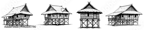 Set of black and white sketches showing traditional Southeast Asian stilt houses with thatched roofs