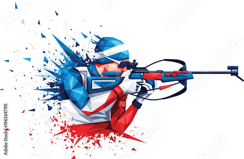 Polygonal biathlete silhouette, abstract marksman illustration, geometric rifle shooter, dynamic sports artwork, fragmented athlete design, colorful vector sports shooting composition