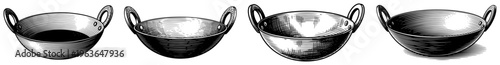Detailed ink sketches of traditional metal cooking pots with handles in various sizes