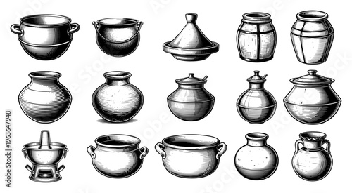 Set of various traditional clay pots and ceramic vessels with different shapes and lids