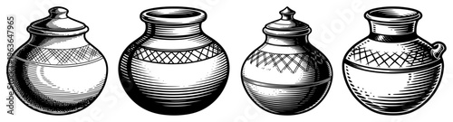Hand drawn ink illustration of traditional textured clay pots and ceramic vessels