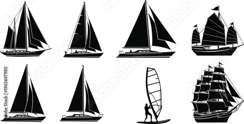 Sailing vessel silhouettes collection, yacht sailboats, tall ship illustration, windsurfing figure, maritime design artwork, nautical vector set, ocean adventure concept