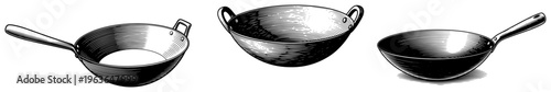 Hand drawn illustration of traditional asian wok pans and metal cooking vessels
