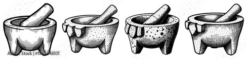 Detailed black and white sketch of traditional stone mortar and pestle sets for grinding spices