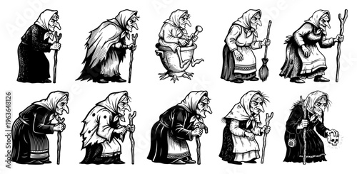 Collection of Slavic folklore witch Baba Yaga character sketches with walking sticks