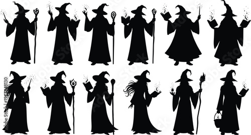 Wizard silhouette collection, fantasy magic figures, spellcasting artwork vector, mystical character design, sorcerer illustration set, enchanted robe and staff composition