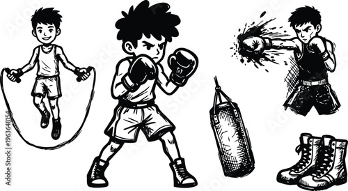 Youth boxing characters with jump rope punching bag boots black and white line art